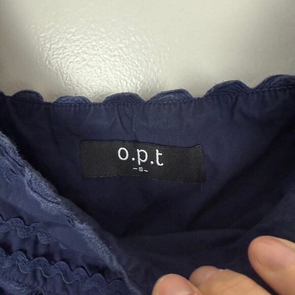 O.P.T. Kalliope Midi Dress Navy Blue Ruffle Straps Pockets Cotton Sz S - Picture 7 of 10